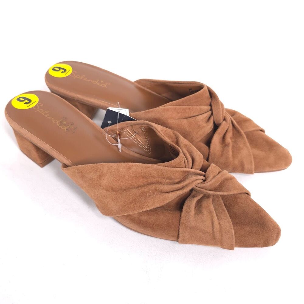 Splendid New Lanis GENUINE SUEDE LEATHER Mules 9 M Caramel Knot Heeled Pointed - Picture 12 of 15